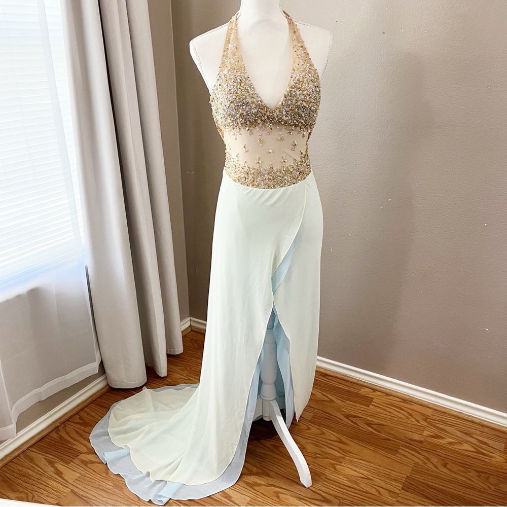 Y2K Faviana bead Embellished Backless Gown Halter neck homecoming Prom dress